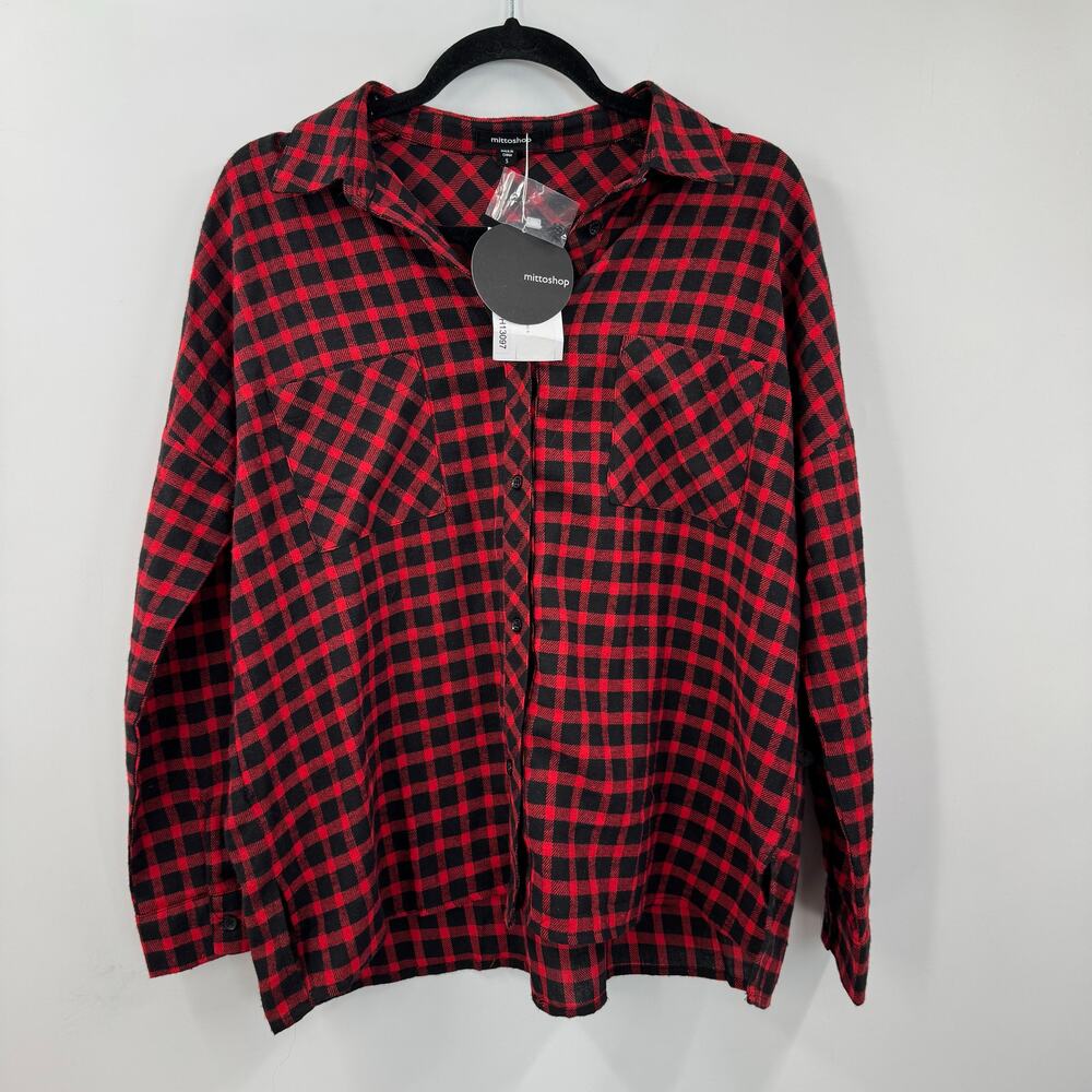 NWT Mittoshop red and black gingham plaid loose fit blouse